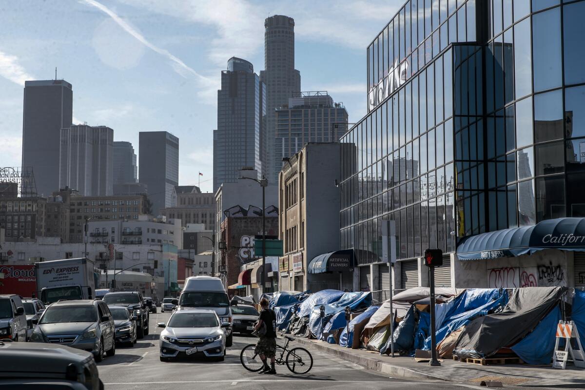 Tents lined up on 4th St. on Skid Row, downtown. 