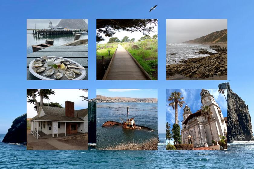 Photo collage of seven images from Central Coast California including the beach, oysters, a sunken ship and Hearst castle.