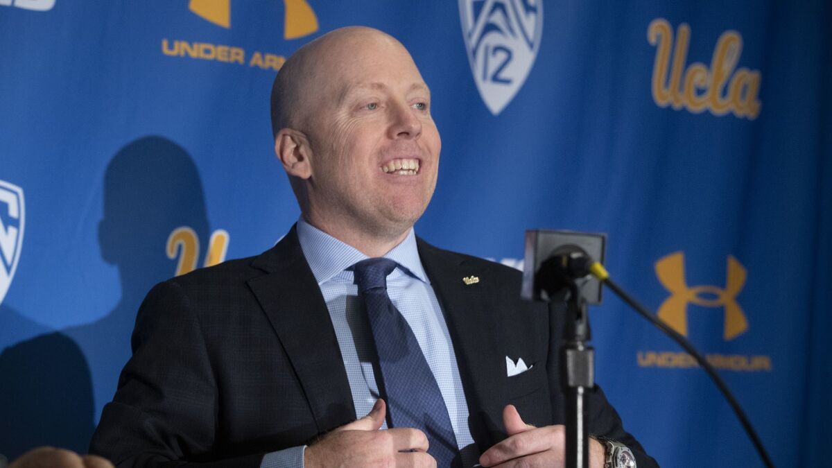 Mick Cronin is introduced as the new coach of the UCLA men’s basketball team during a news conference in Westwood on Wednesday.