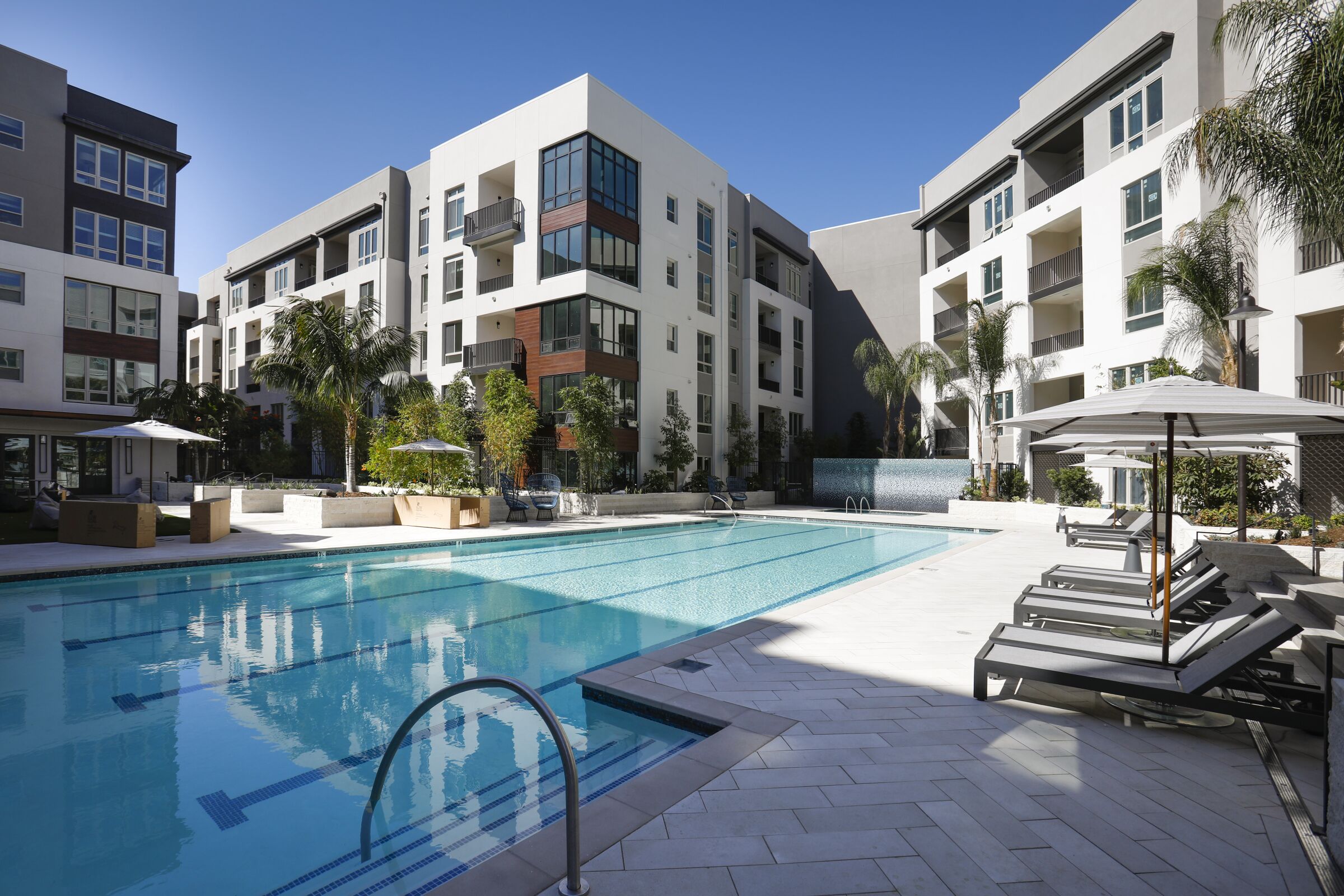 One of two swimming pools at One Paseo, the upscale apartment homes project in Carmel Valley, part of the 23-acre, $600 million-plus mixed-use development.