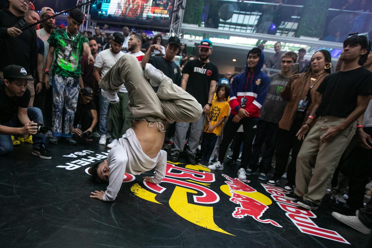 Break dancers showing their moves.