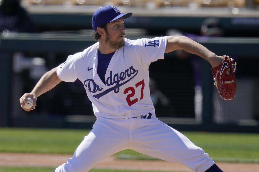 FILE - In this Monday, March 1, 2021, file photo, Los Angeles Dodgers starting pitcher Trevor Bauer.