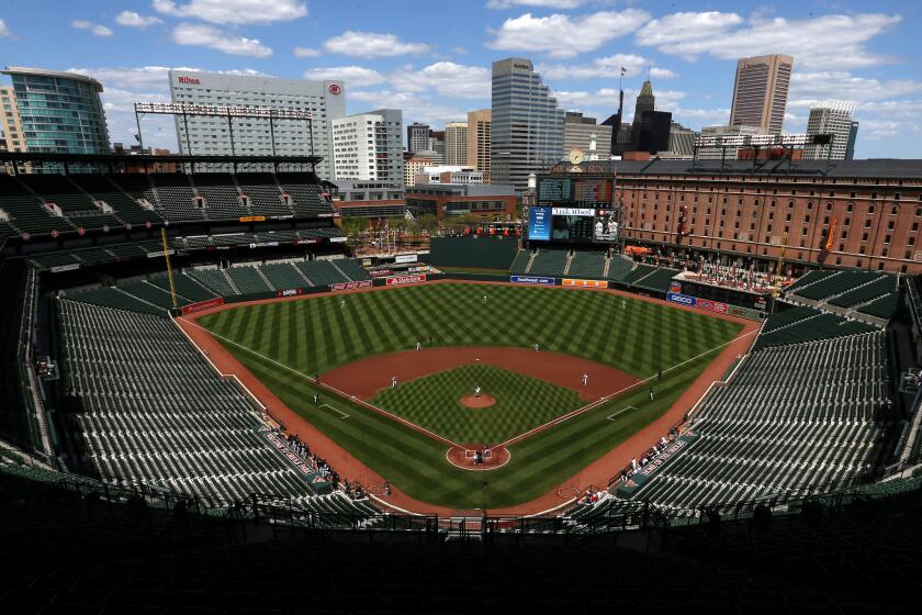 Orioles pitcher Ubaldo Jimenez throws the first pitch of the game to White Sox batter Adam Eaton at an empty Oriole Park at Camden Yards on Wednesday.