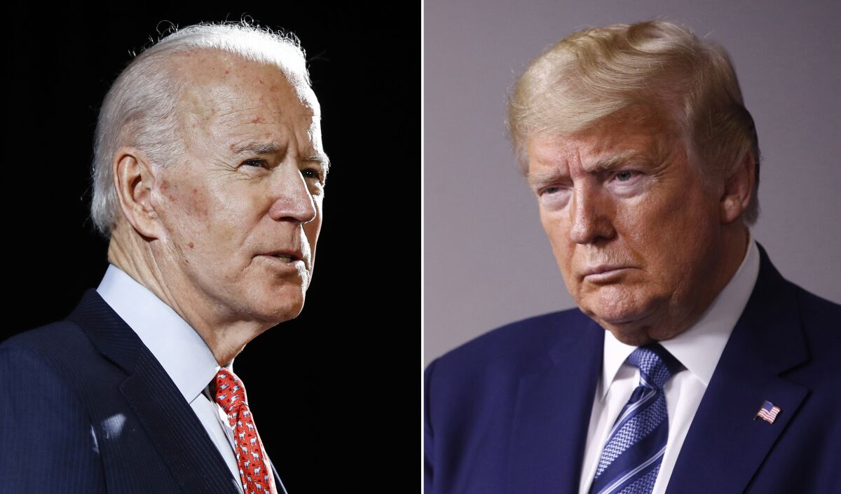 Joe Biden, left, and President Trump in facing images.