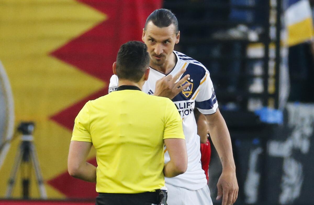 Galaxy forward Zlatan Ibrahimovic speaks with a referee during a win over Toronto FC on July 4.
