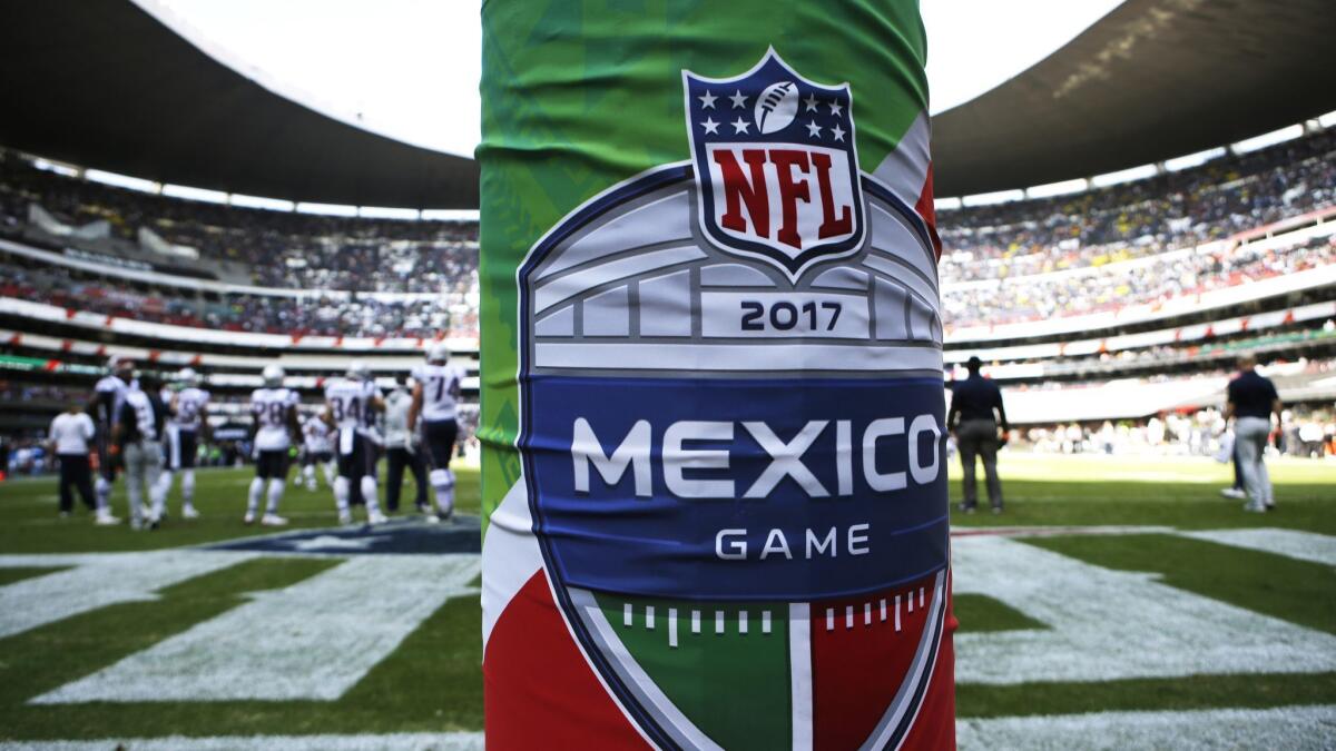 The logo for the NFL's Mexico Game is displayed before a game between the Oakland Raiders and the New England Patriots on Nov. 19, 2017, in Mexico City.