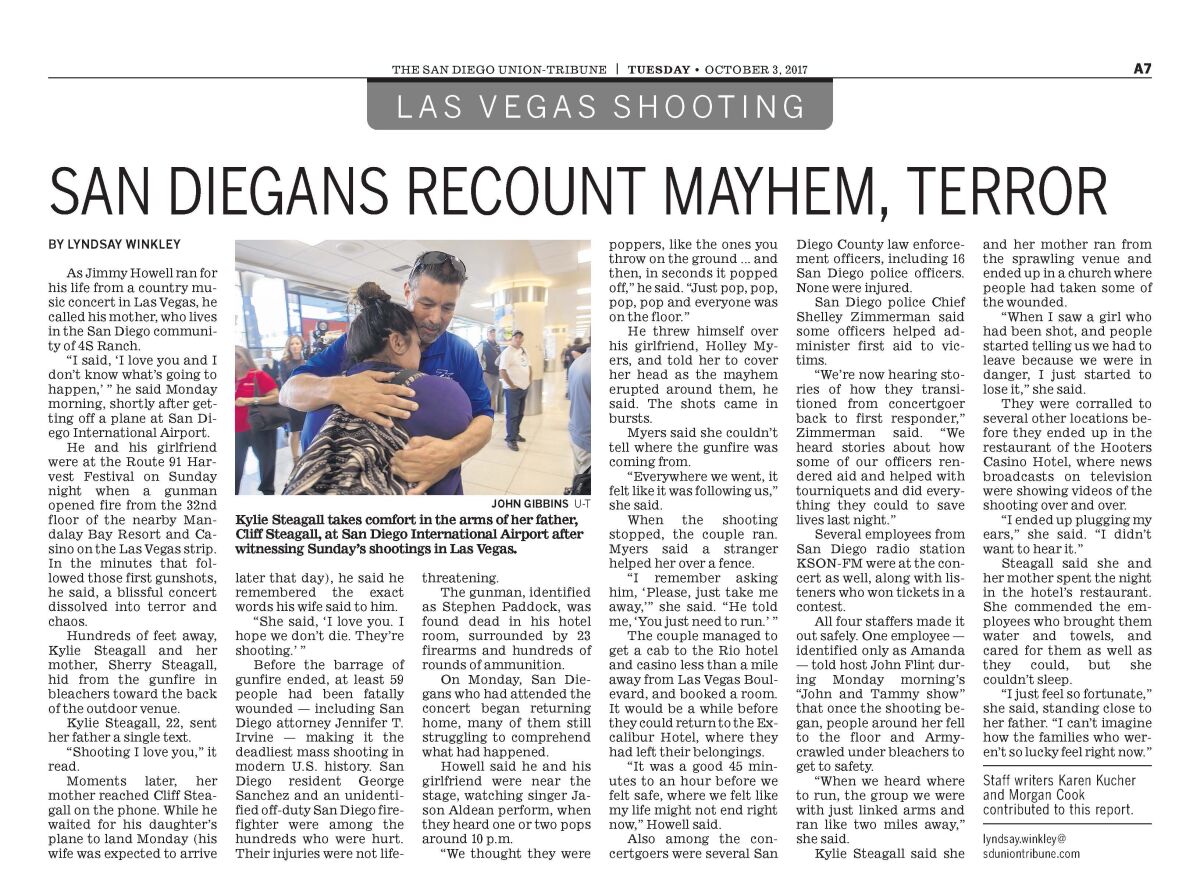 Copy of article, "San Diegans recount mayhem, terror," published in The San Diego Union-Tribune Oct. 3, 2017.