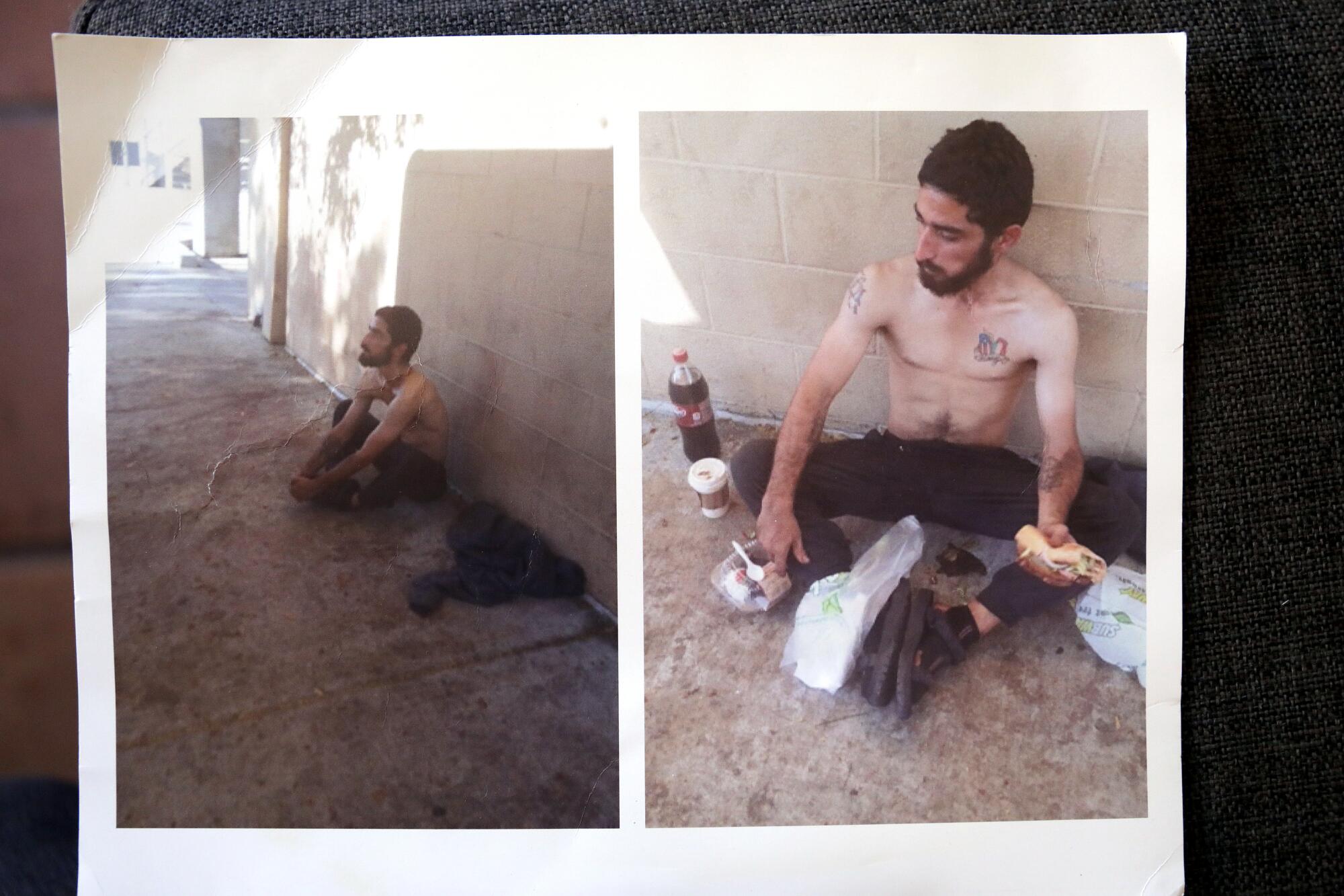 Two photos of a man sitting on a sidewalk eating