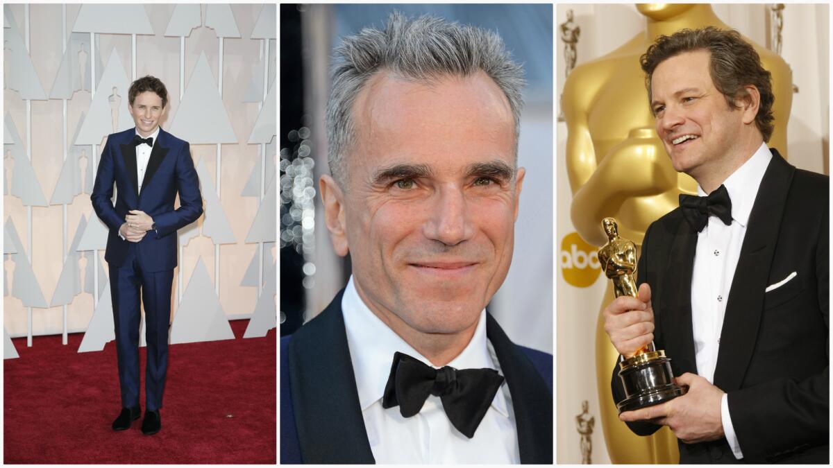 Eddie Redmayne in Alexander McQueen, from left, Daniel Day-Lewis in Domenico Vacca and Colin Firth in Tom Ford.