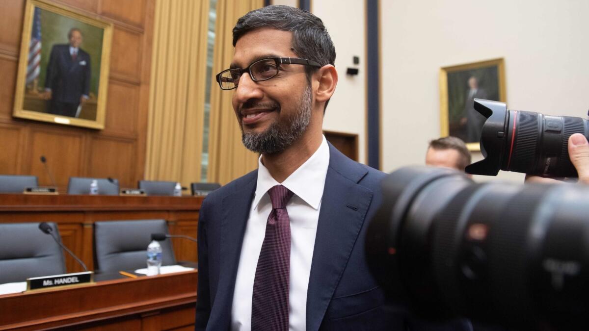Google CEO Sundar Pichai arrives to testify at a House Judiciary Committee hearing in Washington on Tuesday.