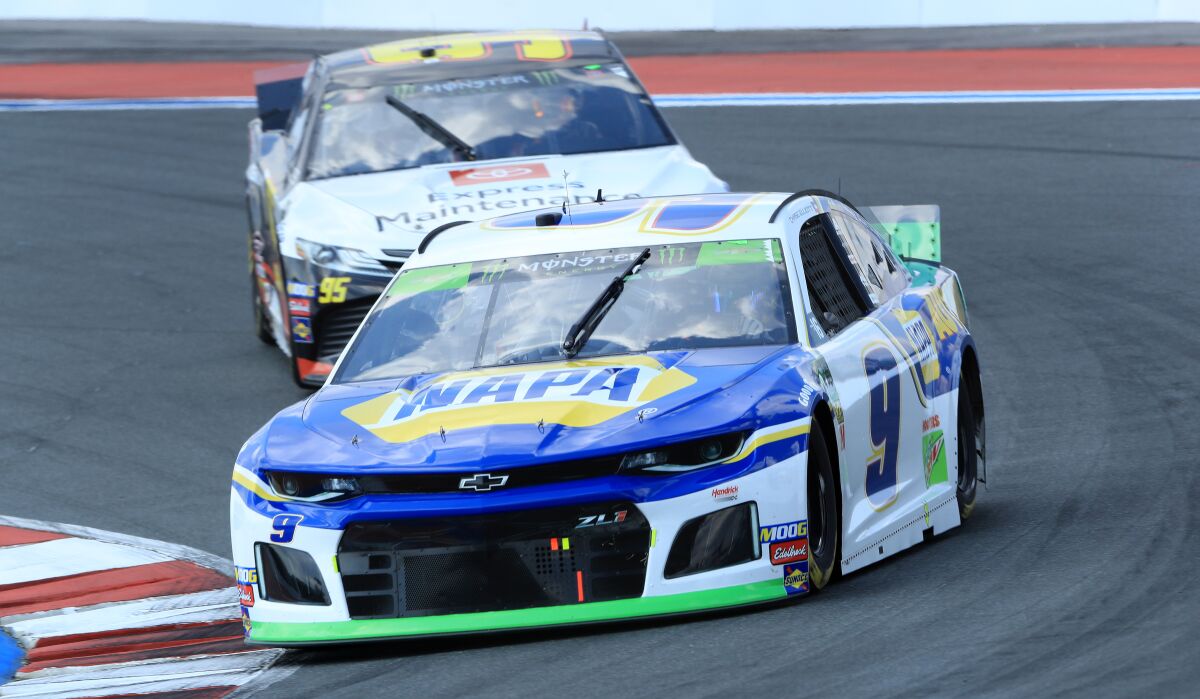 Chase Elliott competes in Sunday's NASCAR Cup race at Charlotte Motor Speedway.
