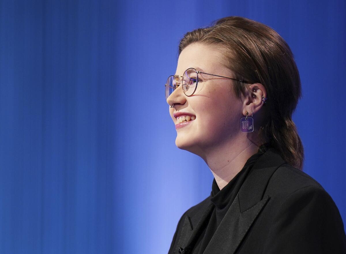 This image released by Sony Pictures Television shows Mattea Roach, a 23-year-old Canadian contestant on the game show "Jeopardy!" (Tyler Golden/Sony Pictures Television via AP)