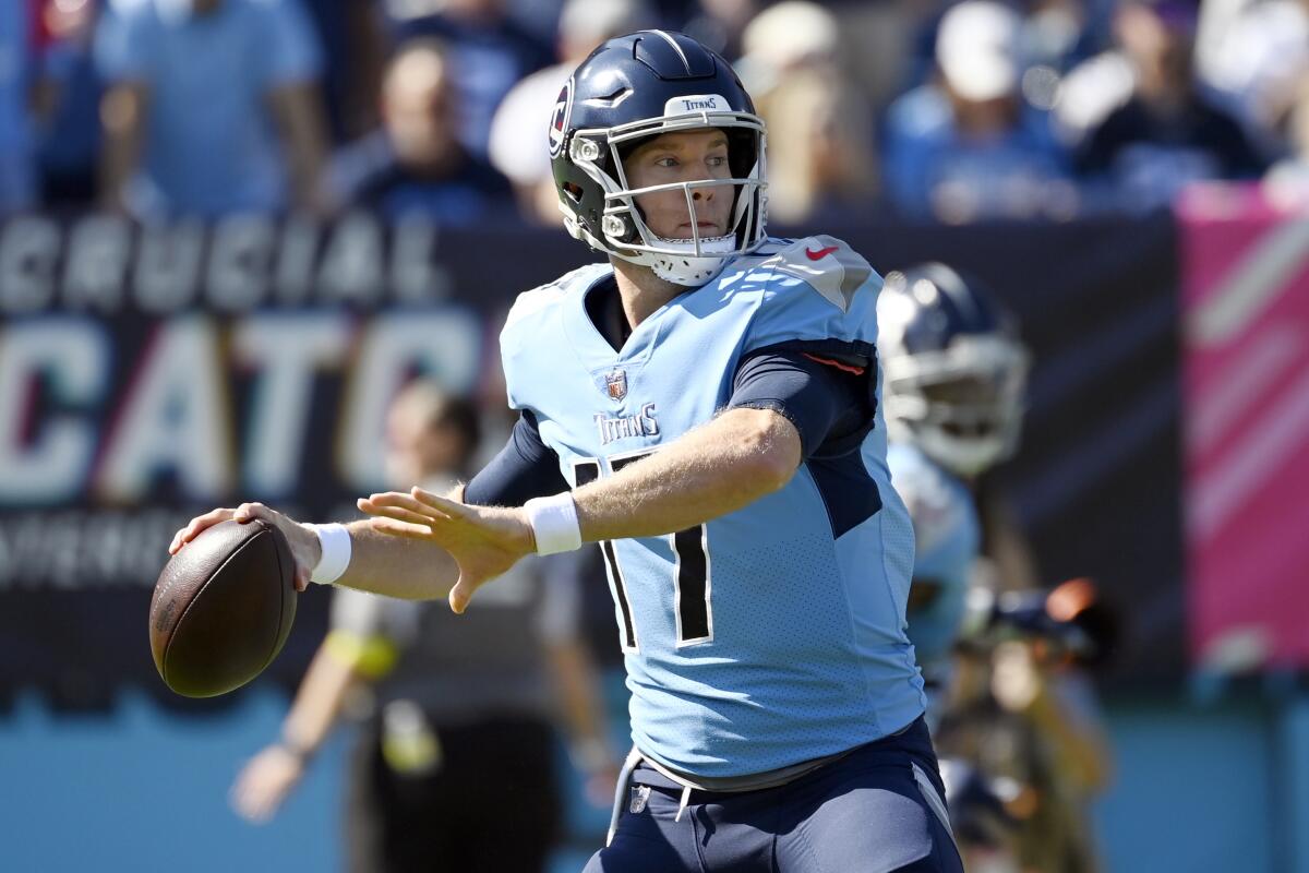 Tennessee Titans quarterback Ryan Tannehill throws during the first half against the Indianapolis Colts.
