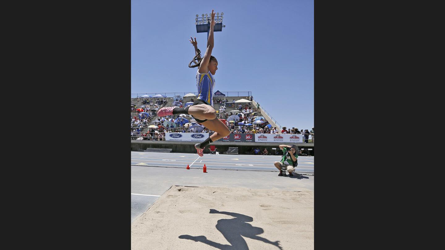 Agoura Hills High School's Tara Davis sailed to a twenty-two-feet three and three quarter inch mark in the Girls Division 2 Long Jump at the 2017 CIF Southern Section Track & Field Divisional Finals, at Cerritos College in Norwalk on Saturday, May 20, 2017. Davis' mark is the the best in California for all conditions and number two in the USA for all conditions.