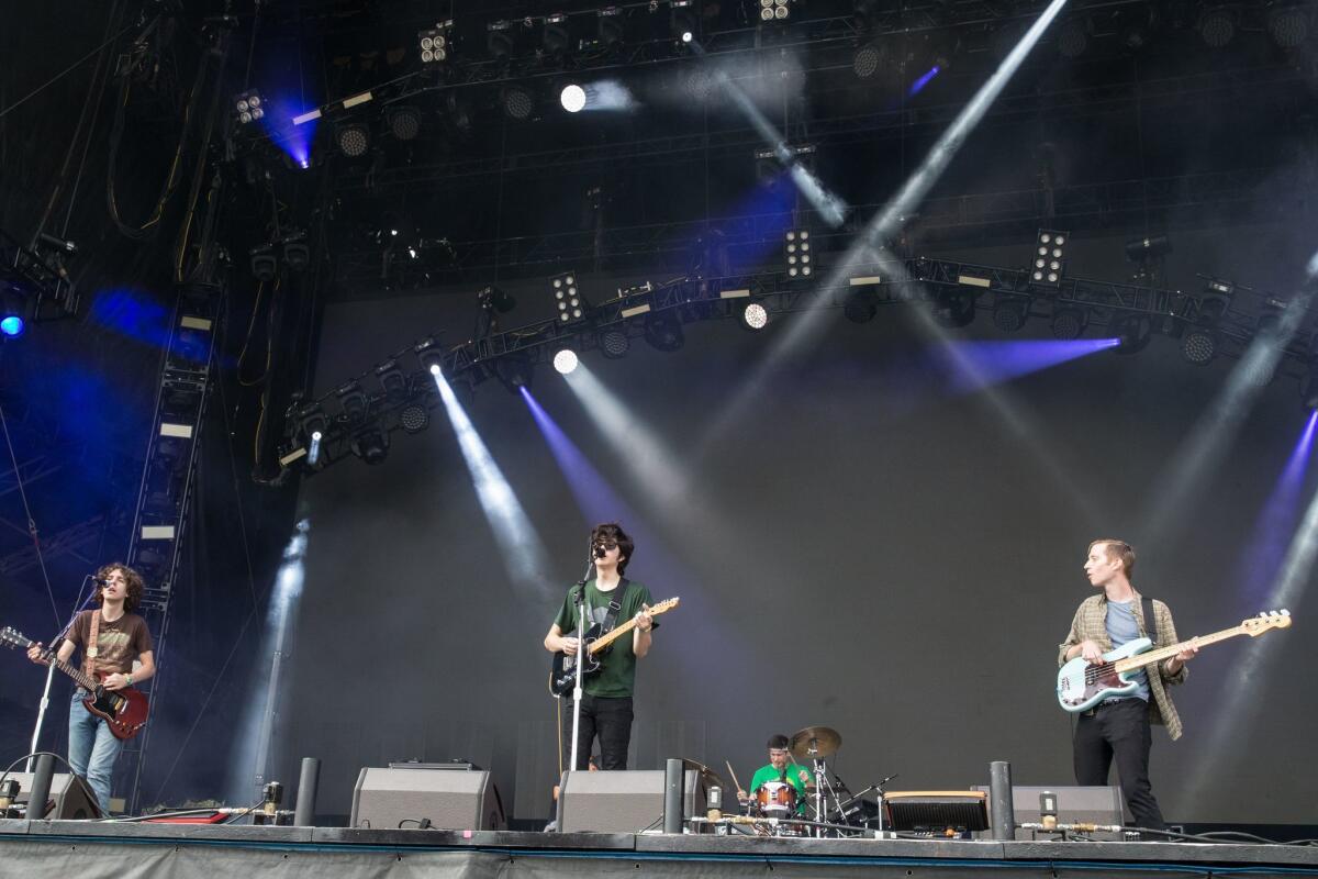 Ethan Ives, Will Toledo, Andrew Katz, and Seth Dalby of Car Seat Headrest perform on Day 2 of the 2017 ACL Music Festival held at Zilker Park in Austin, Texas, on October 7, 2017. Photo credit: SUZANNE CORDEIRO/AFP/Getty Images