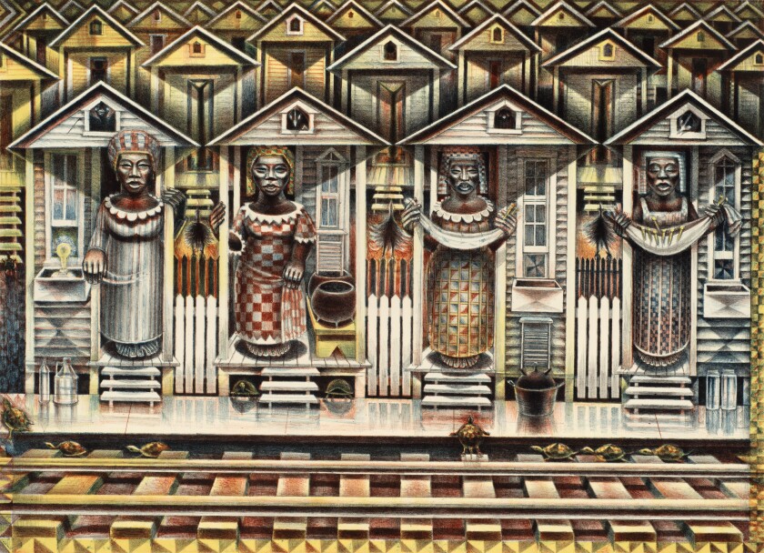 A colorful lithograph features the images of four Black women emerging from a geometric landscape of shotgun houses