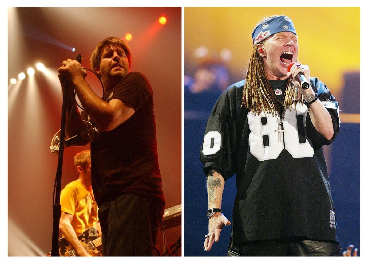 James Murphy of LCD Soundsystem, left, and Axl Rose of Guns N' Roses in their element. The two artists are booked to play Coachella in April.