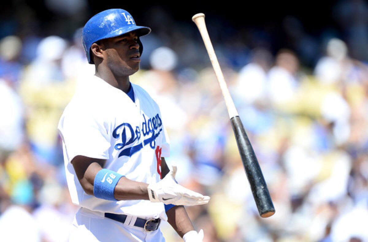 Dodgers right fielder Yasiel Puig flips his bat following a pitch in the first inning Wednesday.