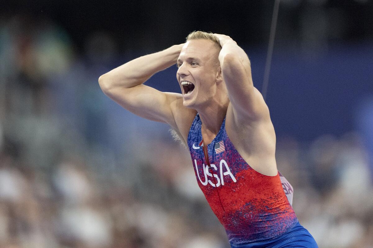 American Sam Kendricks reacts after winning the silver medal in the men's pole vault 