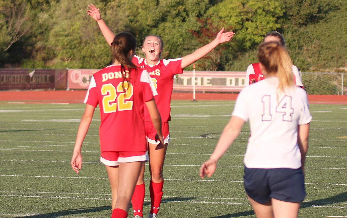 Junior Brooke Miller (16) enjoying the moment after Sophia Aragon's (22) goal.