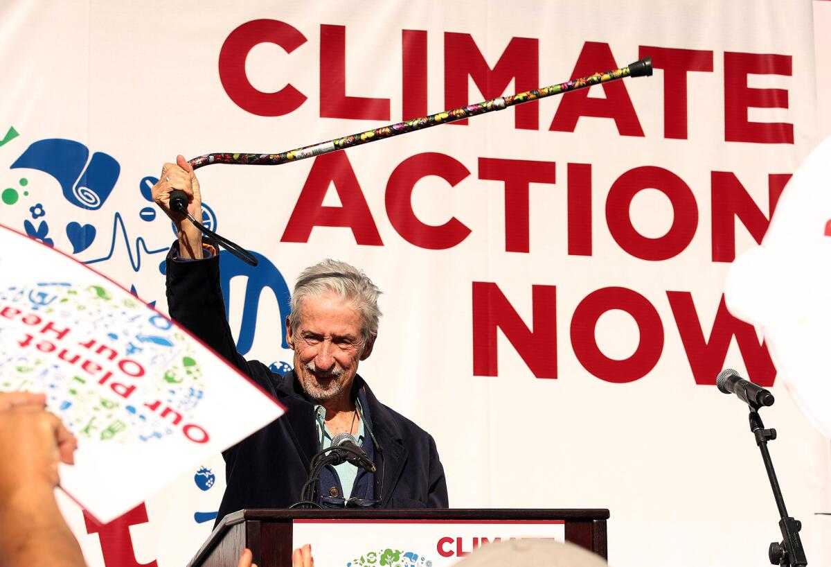 Tom Hayden speaking on Dec. 3, 2015, at a rally by environmentalists at Pershing Square in Los Angeles.