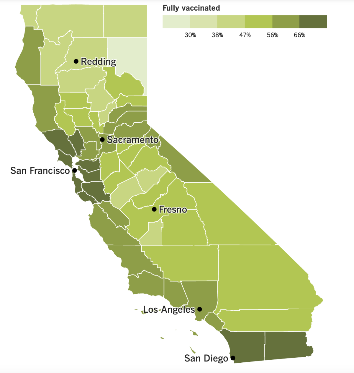 A map showing California's vaccination progress by county.