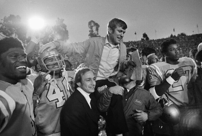 UCLA coach Dick Vermeil is carried off the field after the Bruins defeated Ohio State 23-10 in the Rose Bowl on January 1, 1976.