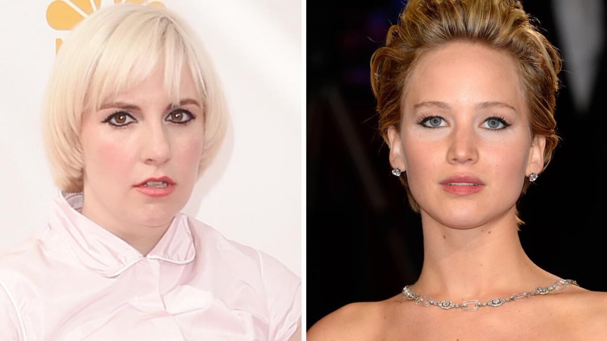 Lena Dunham, left, has come out in defense of Jennifer Lawrence and others whose personal nude pictures were stolen and then published online.