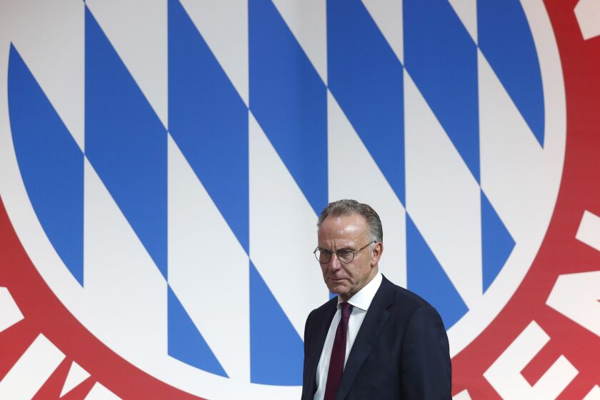 FILE - Karl-Heinz Rummenigge arrives for the annual general meeting of FC Bayern Munich soccer club in Munich, Germany, on Nov. 30, 2018. Former chief executive Karl-Heinz Rummenigge is returning to Bayern Munich as a member of the club’s supervisory board. Bayern said Tuesday, May 30, 2023, that the 67-year-old Rummenigge, a former player and long-time employee of the club before he made way for incoming CEO Oliver Kahn on Dec. 31, 2021, was returning to ensure its continued success in the future. (AP Photo/Matthias Schrader)