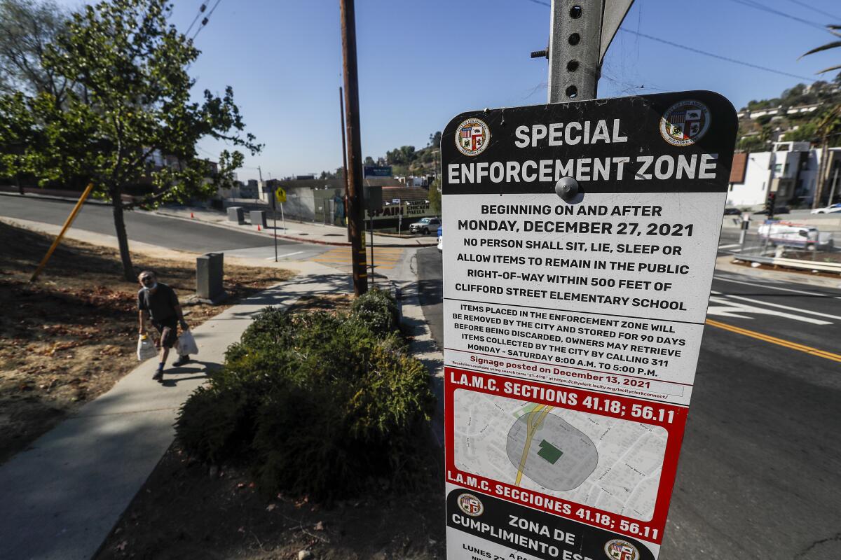 A sign on Allesandro Street marks one of L.A.'s new anti-encampment zones.