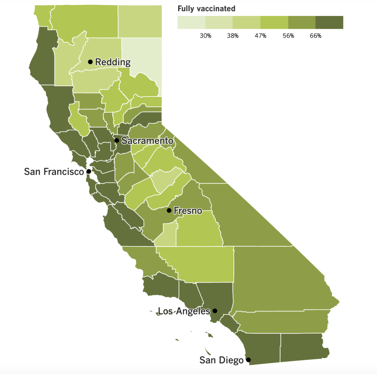 A map showing California's COVID-19 vaccination progress by county as of June 7, 2022.