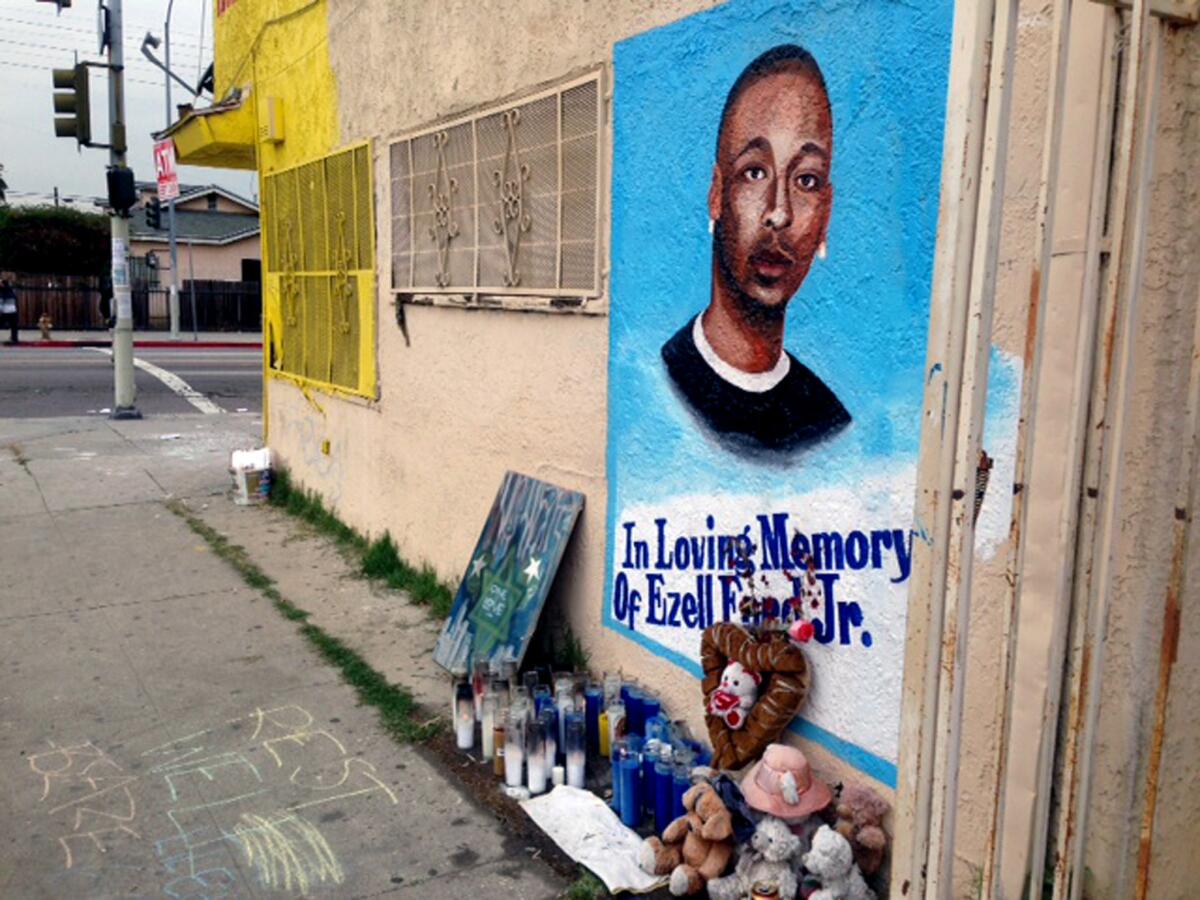A memorial with a portrait of Ezell Ford in South Los Angeles near where Ford was shot to death in August by police.