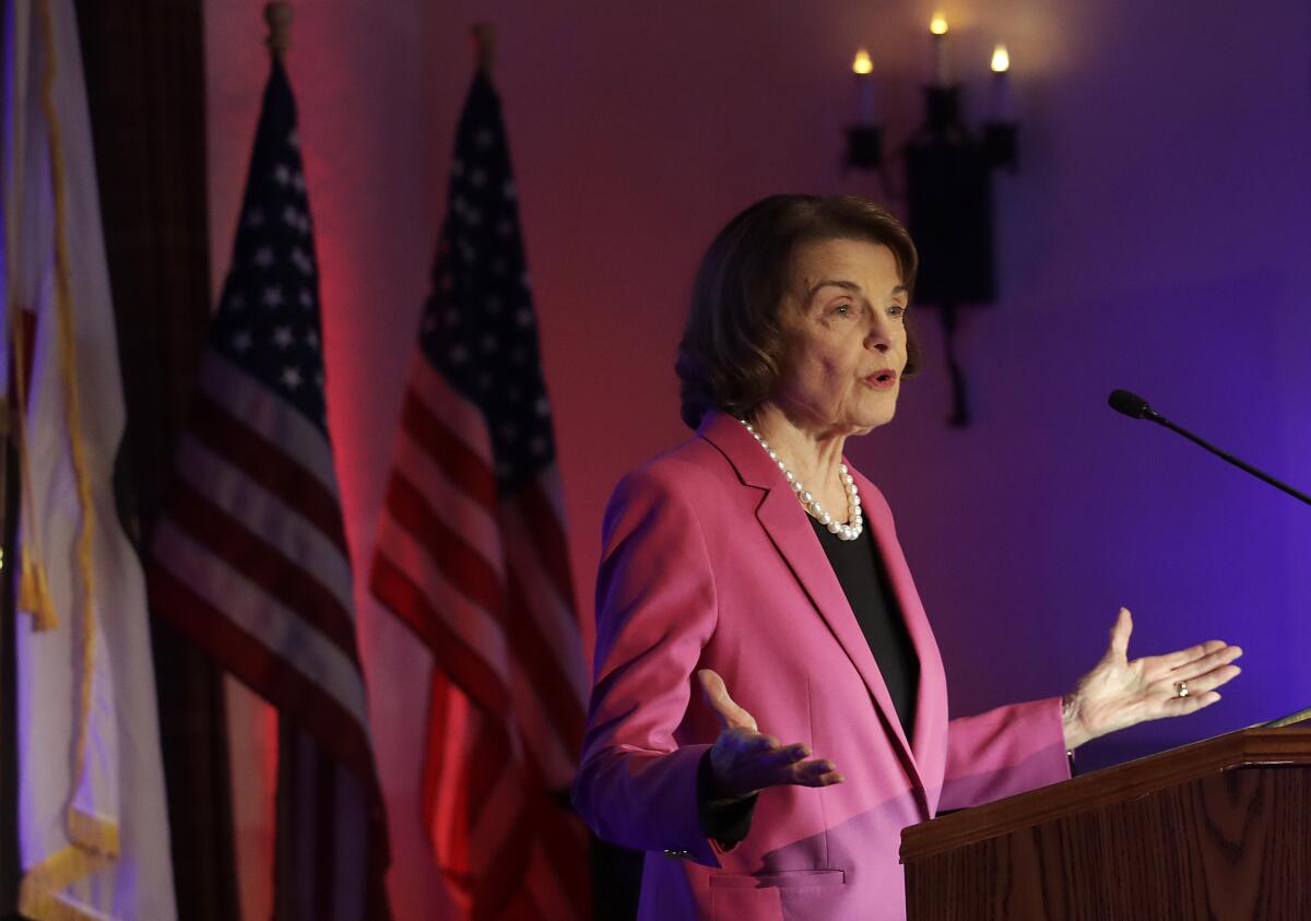 Sen. Dianne Feinstein speaks at an election night event in San Francisco on Nov. 6, 2018. 