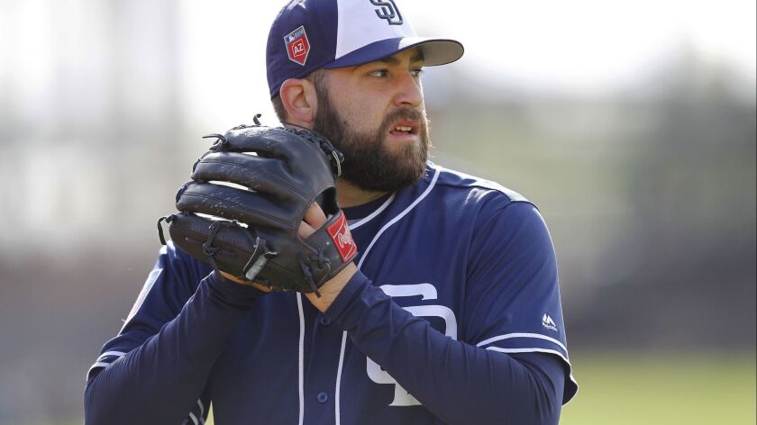 San Diego Padres pitcher Brett Kennedy throws during a spring training practice in Peoria on Feb. 19, 2018.