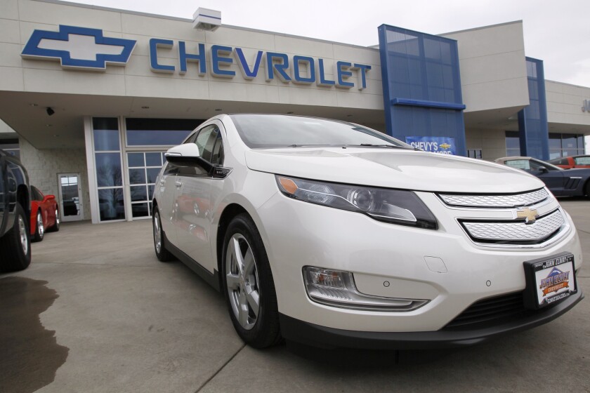 A 2012 Chevrolet Volt outside at a Chevrolet dealership in the Denver suburb of Englewood, Colo.