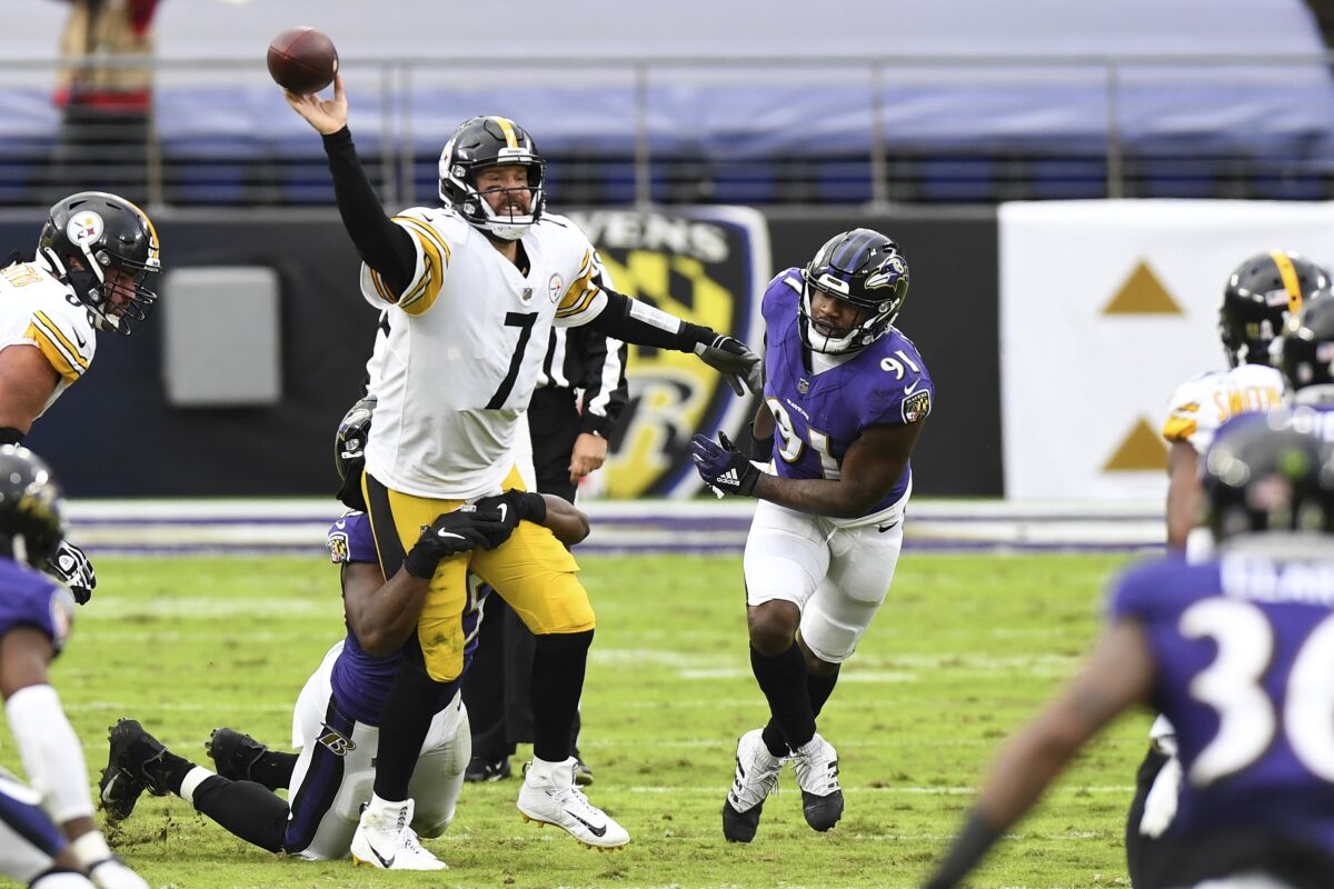 Pittsburgh Steelers quarterback Ben Roethlisberger attempts to pass against the Baltimore Ravens.