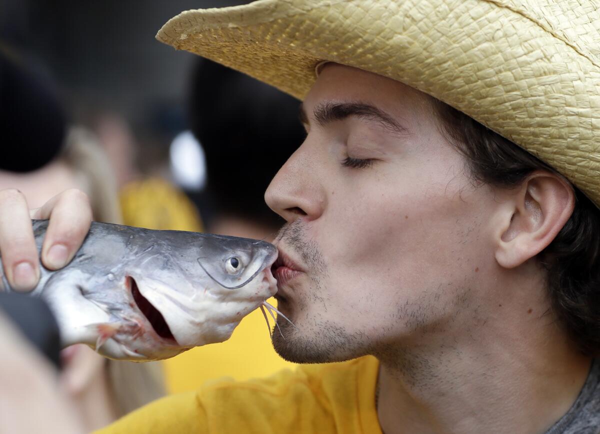 Will Carter, of Calgary, Canada, kisses a catfish outside the arena before Game 4 of the NHL hockey Stanley Cup Finals.