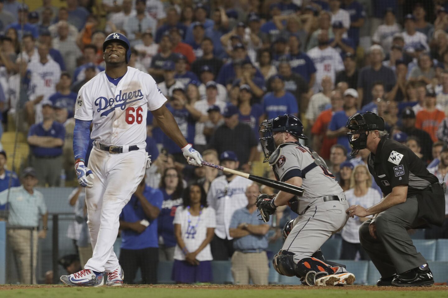 Dodgers right fielder Yasiel Puig strikes out to end the game.