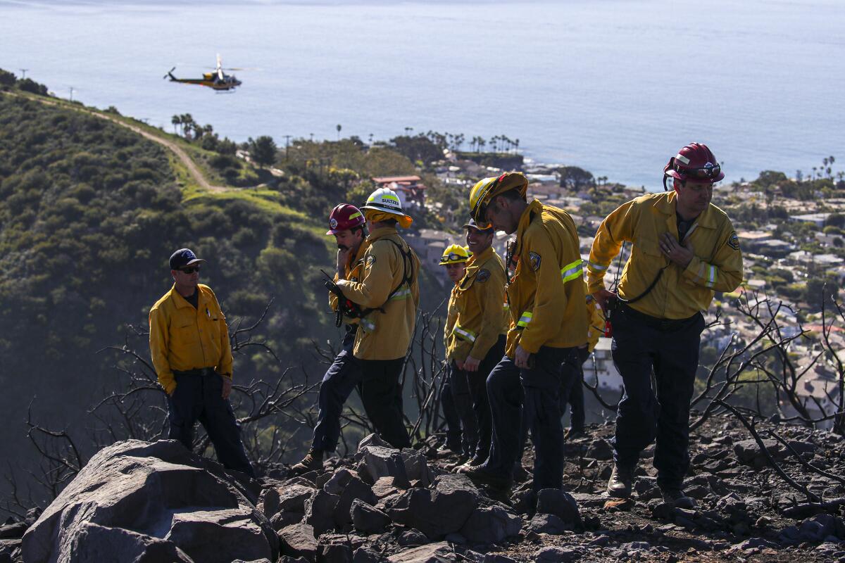 Firefighters on a charred hilltop with a helicopter and coastal community in the background