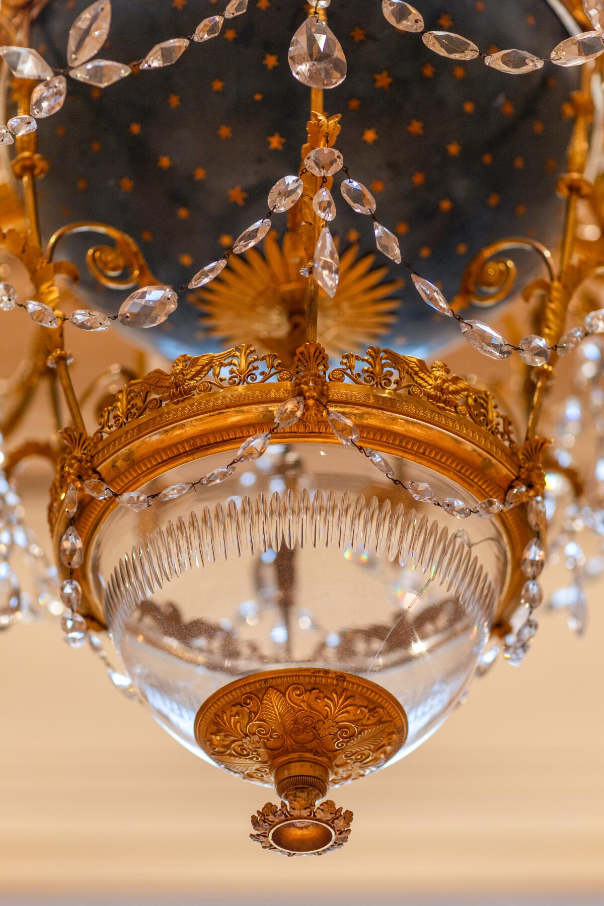 Detail of the cut-glass bowl in Gérard Jean Galle's chandelier.