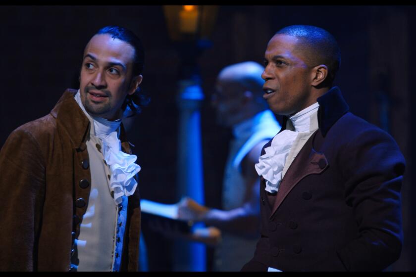 Lin-Manuel Miranda and Leslie Odom Jr. perform in "Hamilton" on the streaming service Disney+. Credit: Disney+