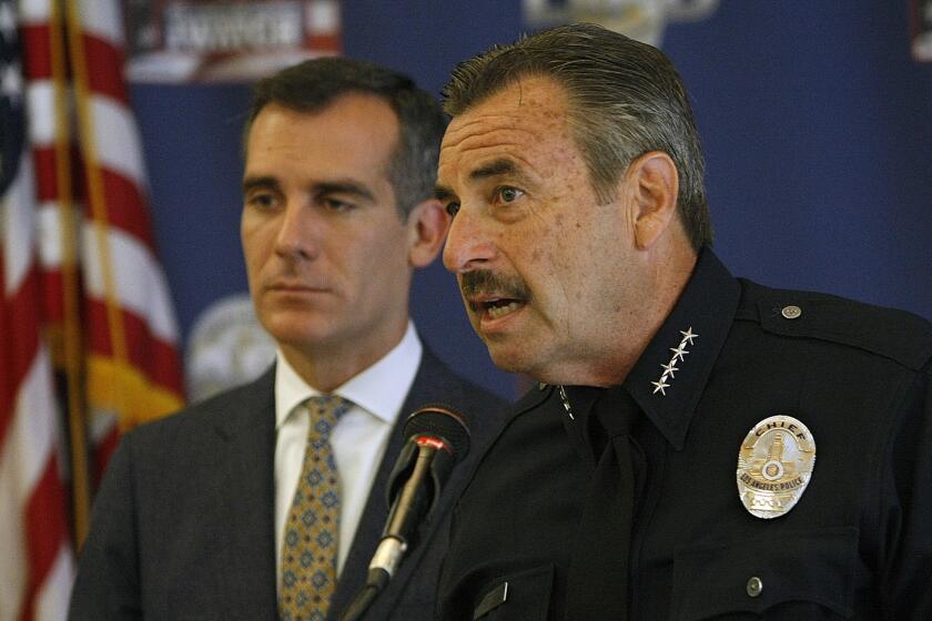 LAPD Chief Charlie Beck announces the mid-year crime statistics for 2014. The LAPD's count of aggravated assaults rose 12% in the first half of the year, compared with the year before.
