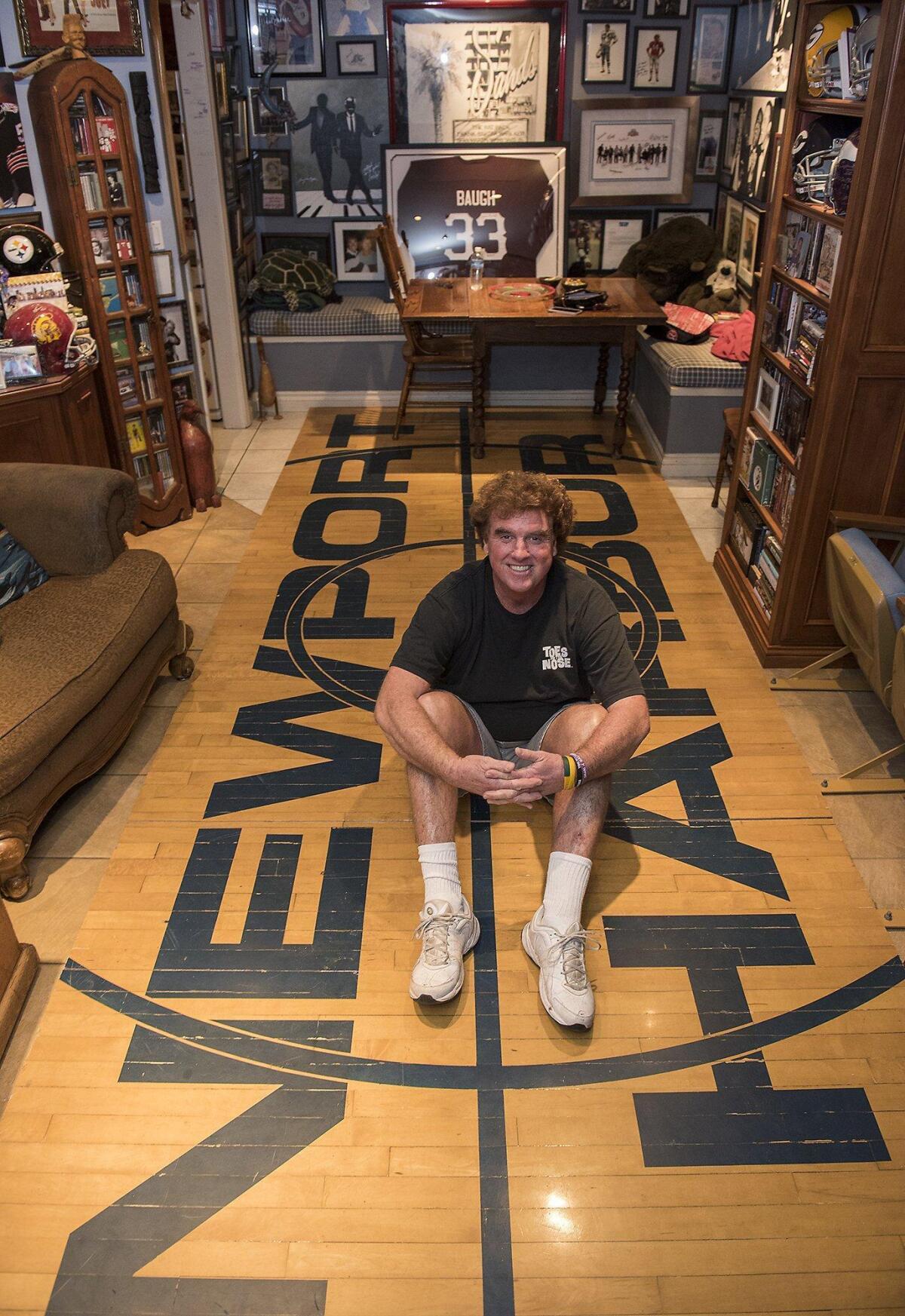 Mark Keys, a Newport Harbor High alumnus, was able to acquire the center piece of the old Newport Harbor gym floor and installed it in his home in Costa Mesa.