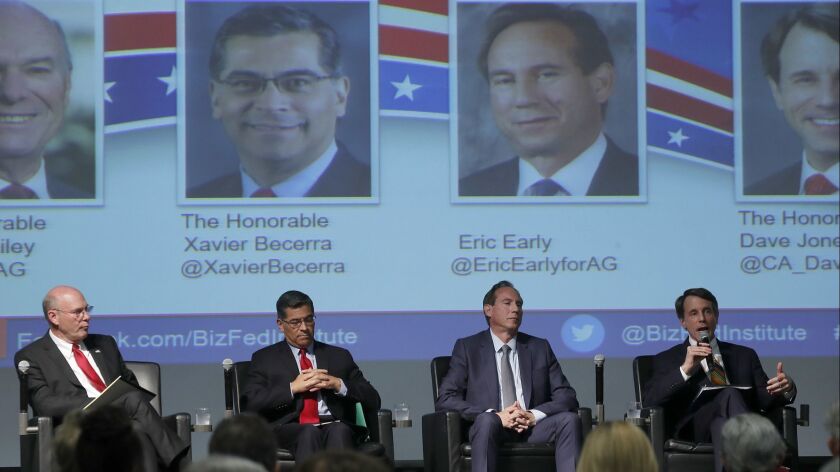 A debate last month between the four candidates for state attorney general featured retired Judge Steven Bailey, from left, incumbent Xavier Becerra, attorney Eric Early and state Insurance Commissioner Dave Jones.