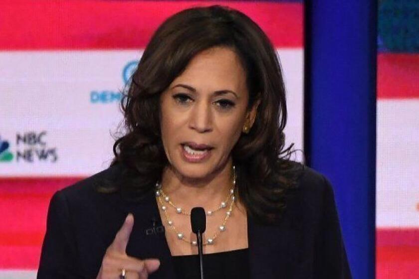 Democratic presidential hopeful US Senator for California Kamala Harris speaks during the second Democratic primary debate of the 2020 presidential campaign season hosted by NBC News at the Adrienne Arsht Center for the Performing Arts in Miami, Florida, June 27, 2019. (Photo by SAUL LOEB / AFP)SAUL LOEB/AFP/Getty Images ** OUTS - ELSENT, FPG, CM - OUTS * NM, PH, VA if sourced by CT, LA or MoD **