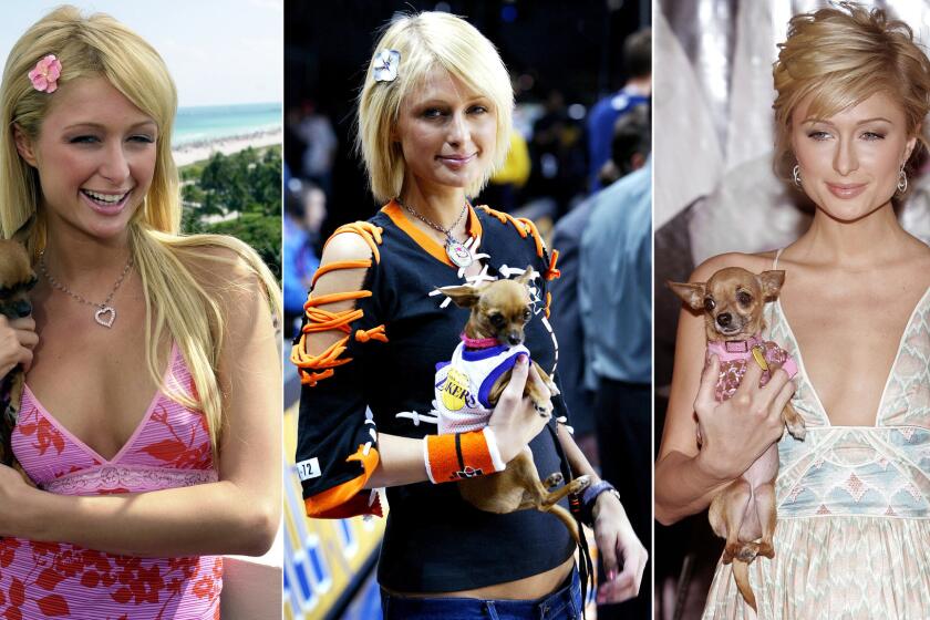 Paris Hilton with her first dog, Tinkerbell, in Miami Beach in March 2004, left; at the NBA All-Star Celebrity Game in L.A. in February 2004; and in New York at a November 2005 event to launch her limited-edition Tourneau watches, which started at $100,000.
