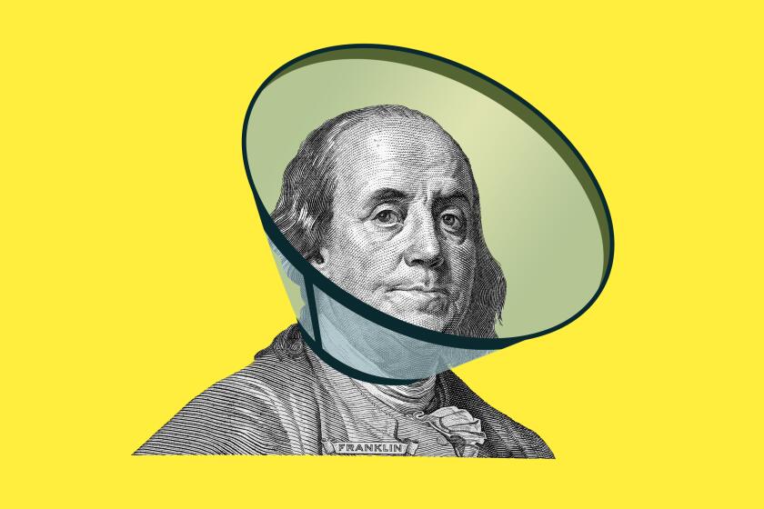 Illustration of Ben Franklin from a $100 bill wearing a pet's medical neck cone