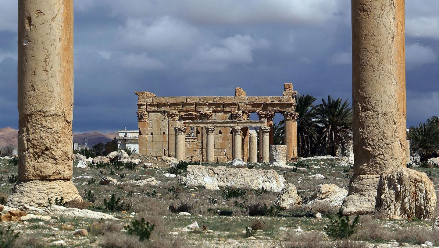 The Temple of Baalshamin is seen through two Corinthian columns as it stood in March 2014.