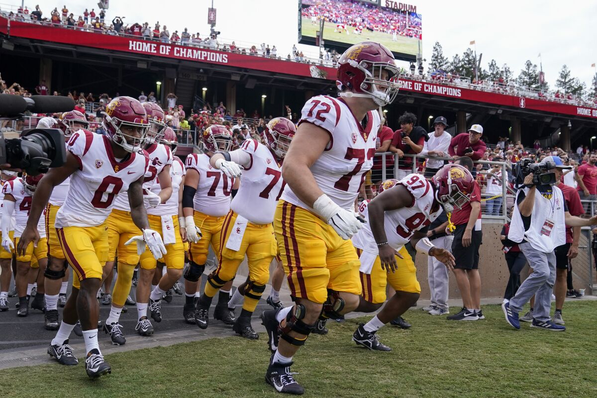 USC players take the field before their win over Stanford on Sept. 10.