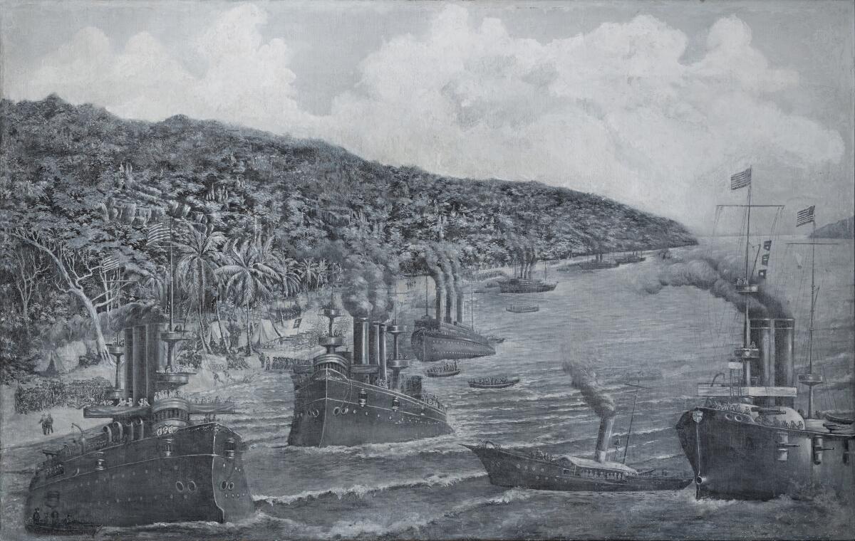 A monochromatic painting shows a squadron of ships approaching a tropical coastline covered in dense foliage.
